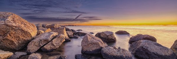 Plaża, Park Stanowy, Stany Zjednoczone, Connecticut, Hammonasset Beach, Kamienie, Madison, Wschód słońca