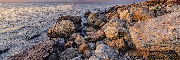 Głazy, Kamienie, Hammonasset Beach, Morze, Wschód słońca, Stany Zjednoczone, Connecticut, Plaża, Madison