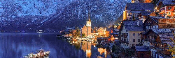 Kościół, Góry, Jezioro, Hallstatt, Austria, Domy, Hallstattersee
