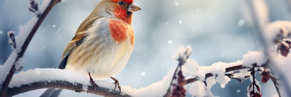 Gałęzie, Śnieg, Ptak, Zima