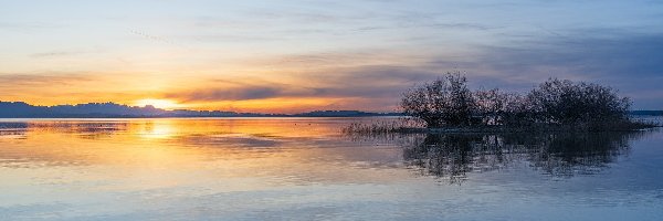 Jezioro, Drzewa, Zachód słońca, Chmury, Niebo