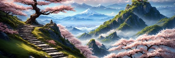 Grafika, Drzewa, Schody, Różowe, Góry, Chmury, Mgła