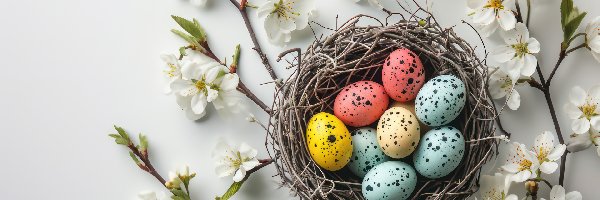 Kolorowe, Dekoracja, Gałązki, Kwitnące, Gniazdo, Jajka, Pisanki, Wielkanoc