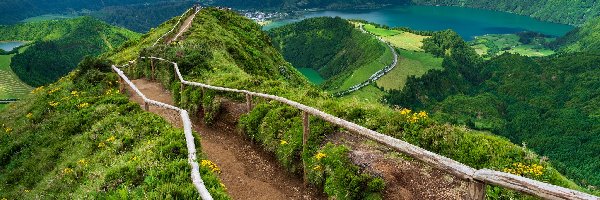 Wyspa Sao Miguel, Szlak, Portugalia, Lagoa Rasa, Kaldera, Góry, Jezioro, Droga, Miradouro da Boca do Inferno, Azory