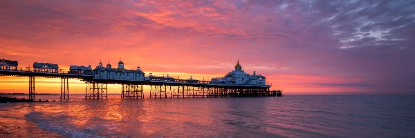 Restauracja, Eastbourne Pier, Anglia, Eastbourne, Kawiarnia, Morze, Zachód słońca, Molo