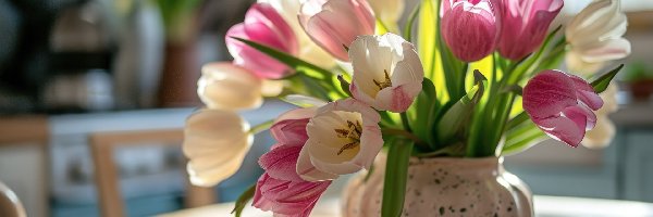 Bukiet, Różowe, Tulipany, Wazon, Białe, Kwiaty