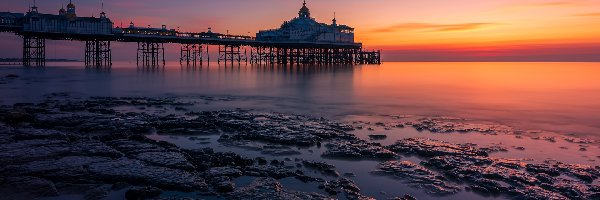 Eastbourne, Morze, Zachód słońca, Anglia, Eastbourne Pier, Molo