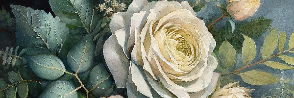 Malarstwo, Białe, Kwiaty, Listki, Róże