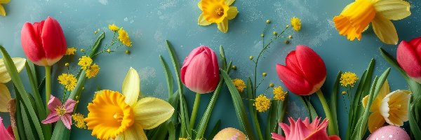 Wielkanoc, Kwiaty, Pisanki, Tulipany, Narcyzy żonkile
