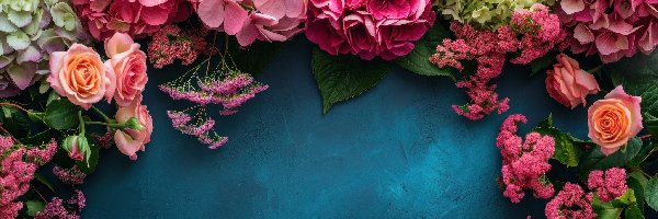 Kwiaty, Hortensje, Kolorowe, Kompozycja, Róże
