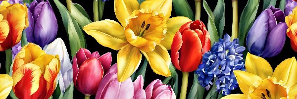 Tulipany, Hiacynty, Żonkile, Akwarela, Kwiaty