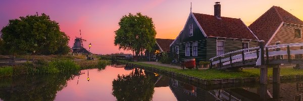 Wiatrak, Skansen, Zachód słońca, Rzeka, Zaanse Schans, Domy, Most, Holandia