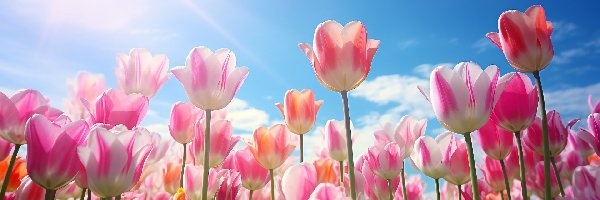 Tulipany, Kwiaty, Różowe, Promienie słońca, Niebo