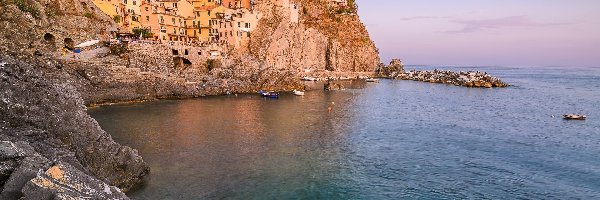 Morze Liguryjskie, Gmina Riomaggiore, Zatoka, Skały, Manarola, Cinque Terre, Domy, Włochy