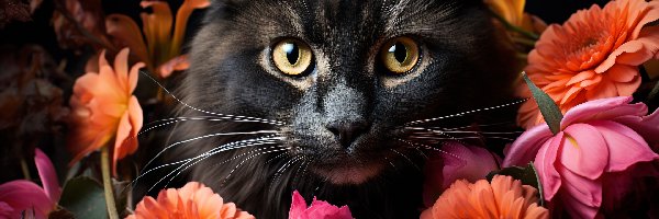 Kot, Kwiaty, Pyszczek, Czarny