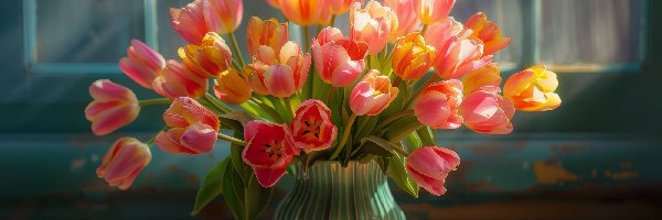 Kwiaty, Wazon, Tulipany, Przebijające światło, Okno