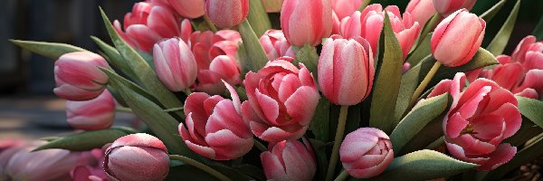 Tulipany, Koszyk, Liście, Różowe