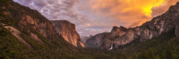 Stany Zjednoczone, Dolina, Park Narodowy Yosemite, Las, Góry, Kalifornia, Zachód słońca
