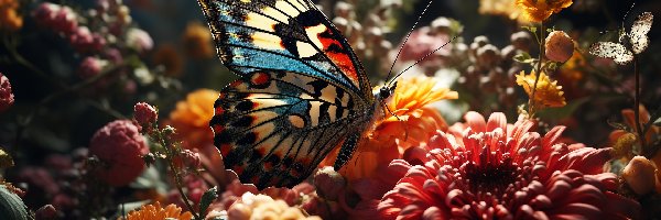 Kwiaty, Motyl, Kolorowy, Grafika, Światło