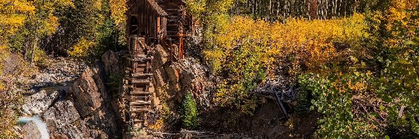 Skały, Jesień, Rzeka, Crystal Mill, Młyn, Stany Zjednoczone, Stan Kolorado, Crystal River, Drzewa