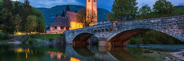 Słowenia, Kościół św Jana, Drzewa, Jezioro Bohinj, Most, Gmina Bohinj, Odbicie