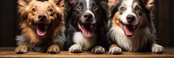 Trzy, Otwarte, Psy, Border collie, Pyski