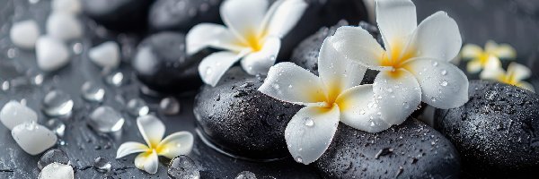 Kwiat, Kamienie, Plumeria, Krople, Woda