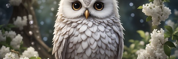 Sowa, Ptak, Biała, Grafika, Kwiaty