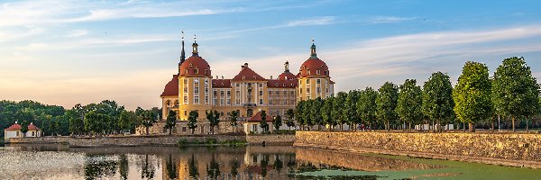 Niebo, Pałac Moritzburg, Jezioro, Saksonia, Niemcy, Drzewa, Odbicie