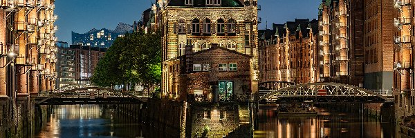 Most, Kanał wodny, Miasto, Speicherstadt, Niemcy, Światła, Noc, Hamburg, Domy