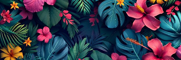 Monstera, Kwiaty, Liście, Grafika, Plumeria, Hibiskus