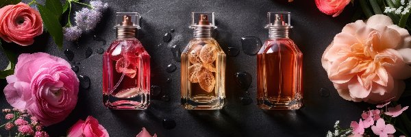 Perfumy, Kwiaty, Flakon, Tło, Ciemne