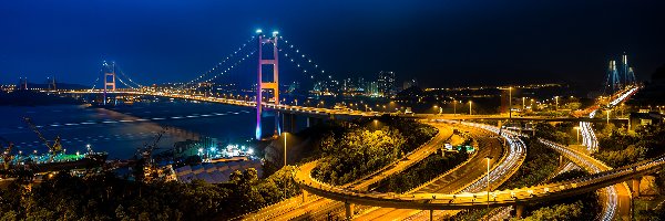 Noc Miasto nocą, Hongkong, Most Tsing Ma, Miasto, Chiny, Światła, Droga