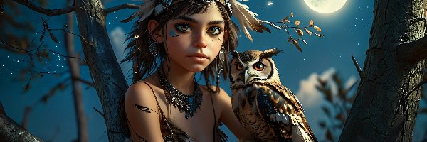 Pióropusz 2D, Sowa, Drzewo, Fantasy, Hinduska, Dziewczyna