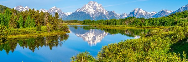 Ośnieżone, Stan Wyoming, Drzewa, Snake River, Park Narodowy Grand Teton, Góry, Rzeka, Stany Zjednoczone