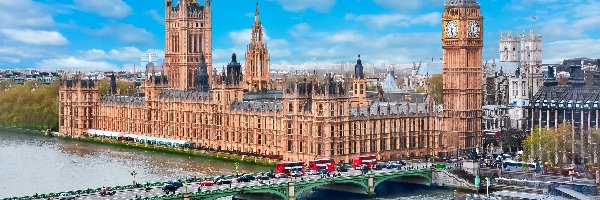 Rzeka Tamiza, Pałac Westminsterski, Wieża zegarowa, Londyn, Anglia, Most, Big Ben