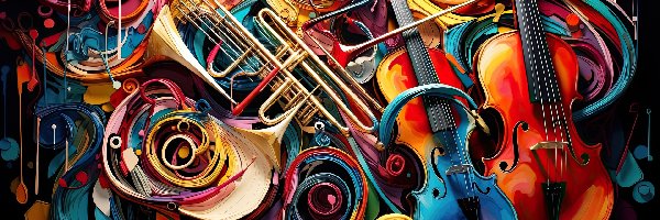 Instrumenty, Grafika, Kolorowe, Saksofon, Kontrabas