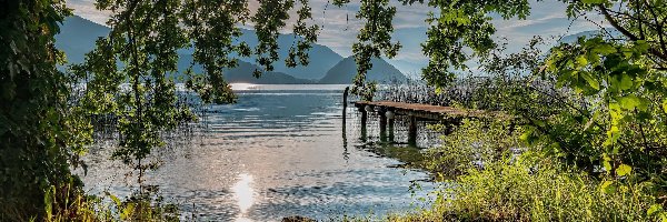 Drzewa, Góry, Jezioro, Salzkammergut, Austria, Pomost, Wolfgangsee