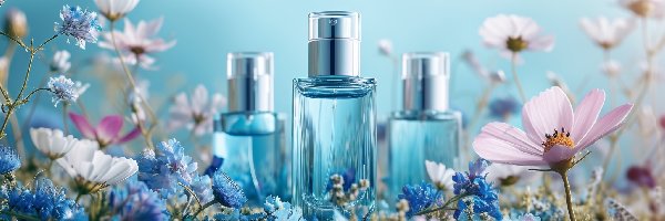 Perfumy, Kwiaty, Butelki, Grafika, Kompozycja