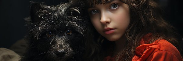Dziewczynka, Sukienka, Czerwona, Pies, Czarny