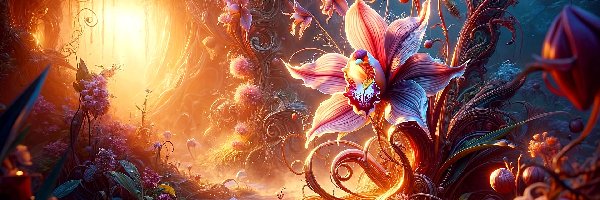 Orchidea, Las, Storczyk, Grafika, Zachód słońca