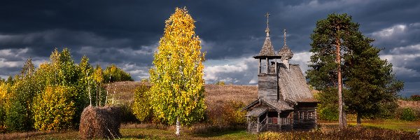 Obwód, Wzgórze, Rosja, Chmury, Drzewa, Łąki, Ciemne, Jesień, Cerkiew, Archangielski