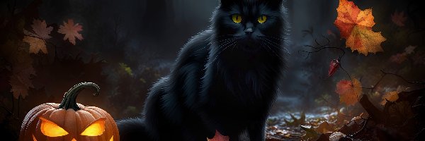 Czarny, Dynia, Kot, Halloween, Liście