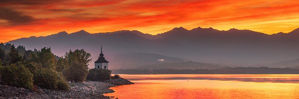 Słowacja, Góry, Jezioro Orawskie, Zachód słońca, Jezioro