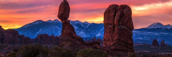 Stany Zjednoczone, Balanced Rock, Krzewy, Skały, Wschód słońca, Utah, Park Narodowy Arches
