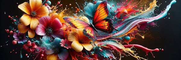 Grafika, Kolorowe, Kwiaty, Farby, Motyl