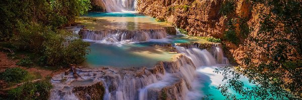 Drzewa, Havasupai, Wodospad, Arizona, Stany Zjednoczone, Skały, Beaver Falls