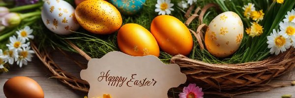 Happy Easter, Pisanki, Kwiaty, Koszyk, Wielkanoc, Napis, Kartka