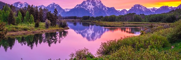 Snake River, Rzeka, Góra, Wyoming, Stany Zjednoczone, Zachód słońca, Drzewa, Mount Sneffels, Park Narodowy Grand Teton