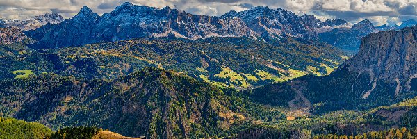 Val Badia, Dolina, Dolomity, Południowy Tyrol, Włochy, Chmury, Białe, Góry, Lasy